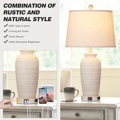Set of 2 25" Touch Control Table Lamps with USB A+C Ports & AC Outlet O659