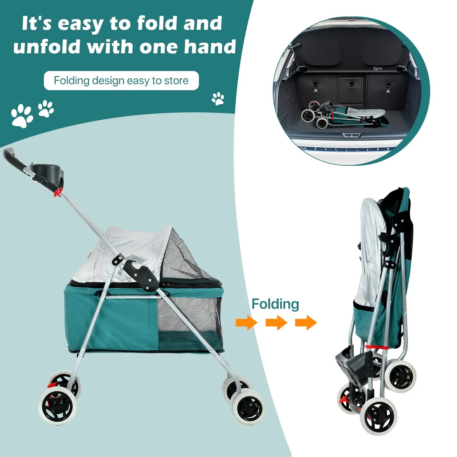 Teal Folding 4-Wheel Dog Stroller D375931