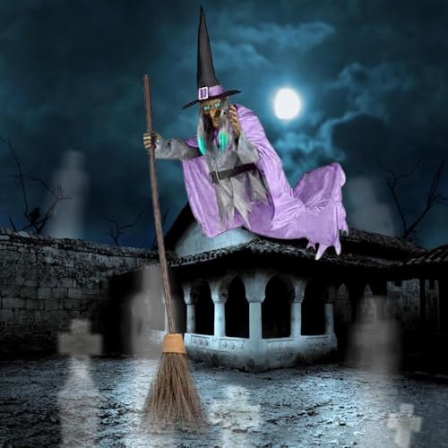 6FT Animated Flying Witch Halloween Decor with Scary Sounds and Lights J25368