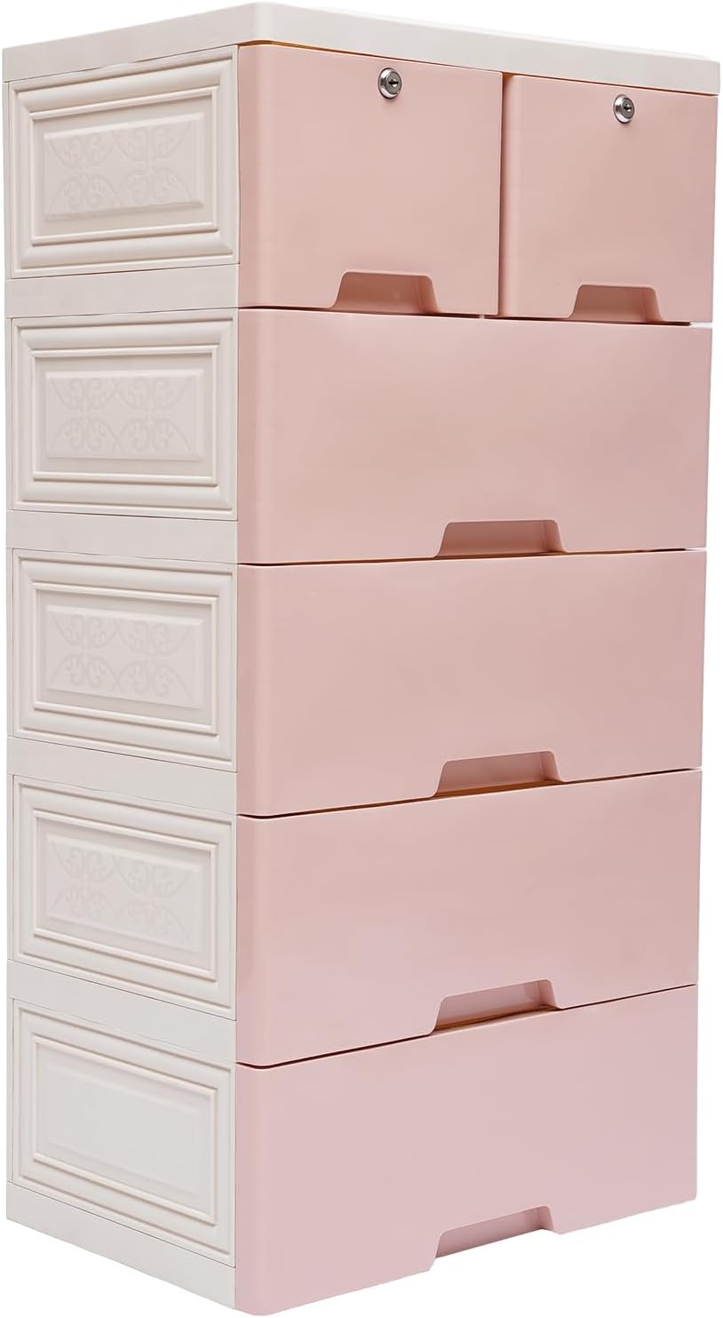 6 Drawers Pink Plastic Dresser with 4 Wheels M2797