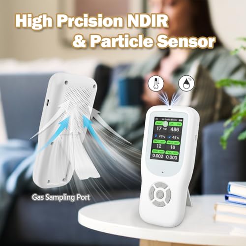 11-in-1 Air Quality Monitor with Stand for AQI, CO2, PM2.5, PM1.0, PM10, TVOC, HCHO, Particles, Temperature & Humidity (White-White) O705