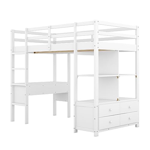 Full Size Solid Wood Loft Bed Frame with Desk and Storage S402977