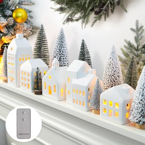 Christmas Village Sets of 5 Ceramic Houses with LED Lights and 9 Trees H64899