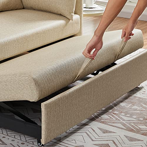 Convertible Sleeper Sofa Bed 57 Inches Velvet 2 Seats with Pull Out Bed Adjustable Backrest 2 Pillows Side Pocket Light Brown P8510