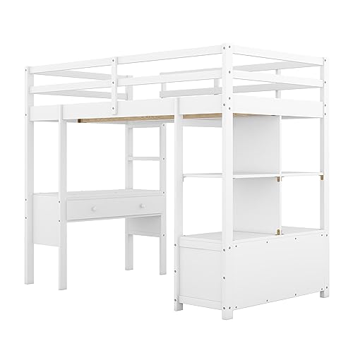 Full Size Solid Wood Loft Bed Frame with Desk and Storage S402977