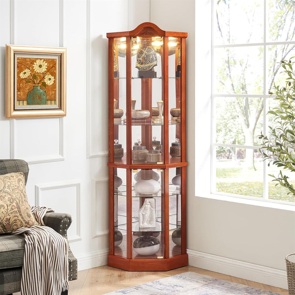 Brown Corner Curio Cabinet with Tempered Glass Doors and Adjustable Shelves U495