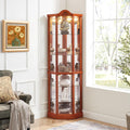 Brown Corner Curio Cabinet with Tempered Glass Doors and Adjustable Shelves U495