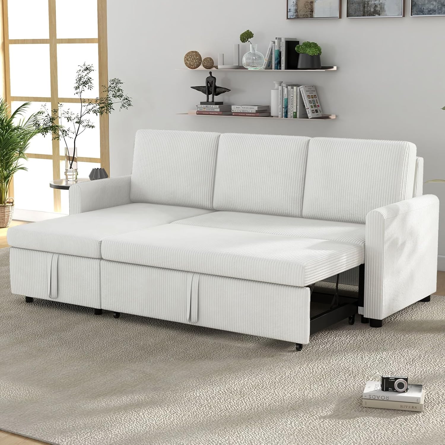 Beige Corduroy L-Shaped Sleeper Sofa with Storage Chaise and 2 Pillows M17222