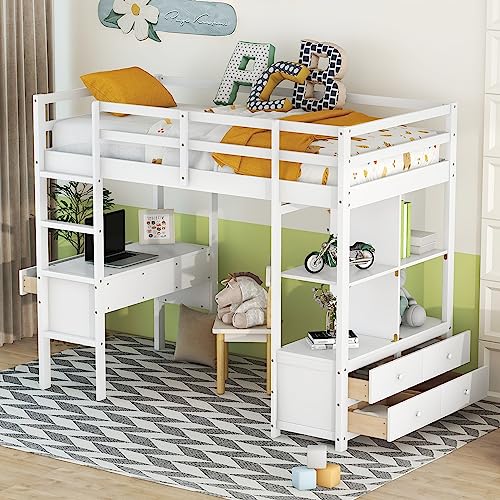 Full Size Solid Wood Loft Bed Frame with Desk and Storage S402977