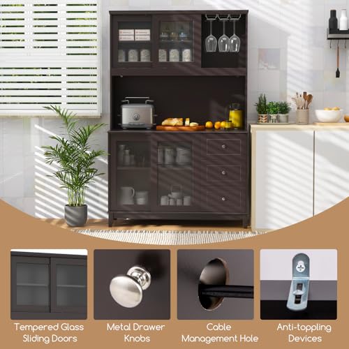 73" Kitchen Pantry Storage Cabinet with LED Lights & Power Outlet, Wine Glass Racks, Adjustable Shelves, Drawers (Espresso) Q89858