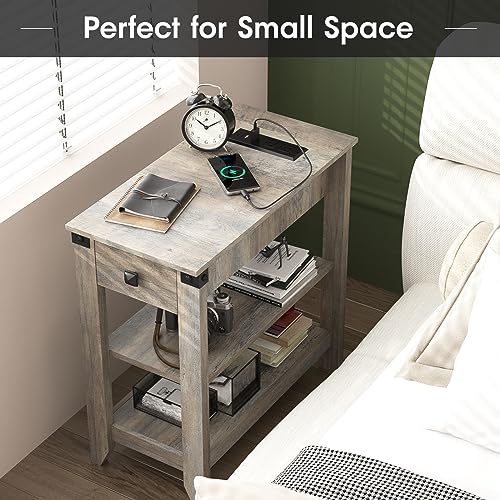 Set of 2 Narrow Side Table with Charging Station and Storage Drawer Rustic Grey Z8175