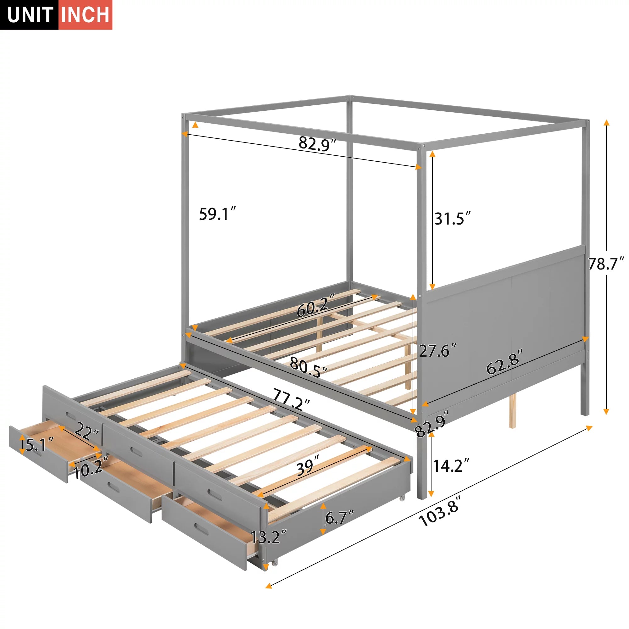 Gray Wooden Queen Platform Bed with Trundle and 3 Storage Drawers T814465