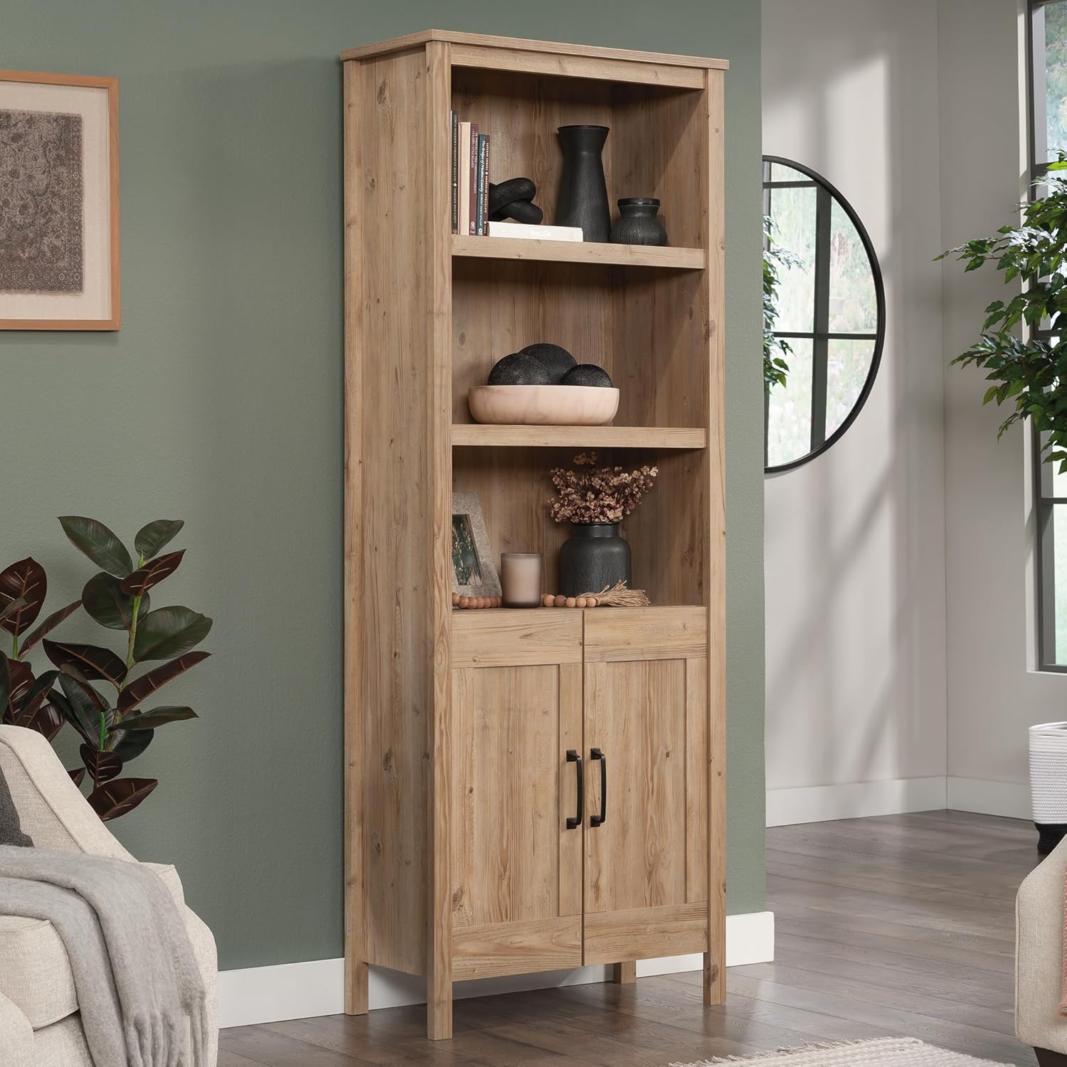 Khaki Pine Finish Bookcase with Doors U387400