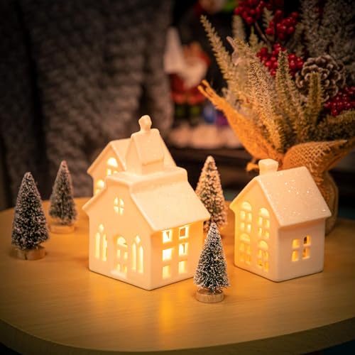 7 Pcs Christmas Porcelain Village Tabletop Figurine LED House Decorations J40535