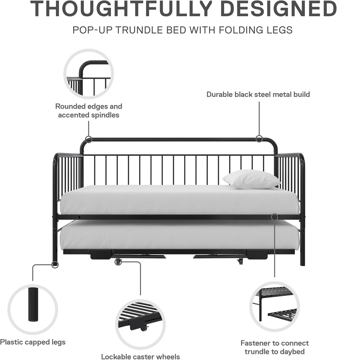 Black Metal Twin Daybed with Pop Up Trundle Bed T5221