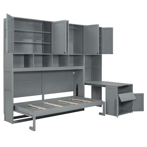 White Twin Size Wooden Murphy Bed with Closet Drawers Desk S3281