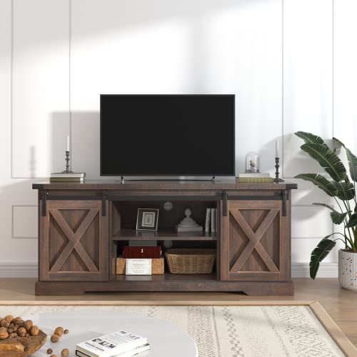 Brown Wood TV Stand with Sliding Barn Doors and Adjustable Shelves O253739