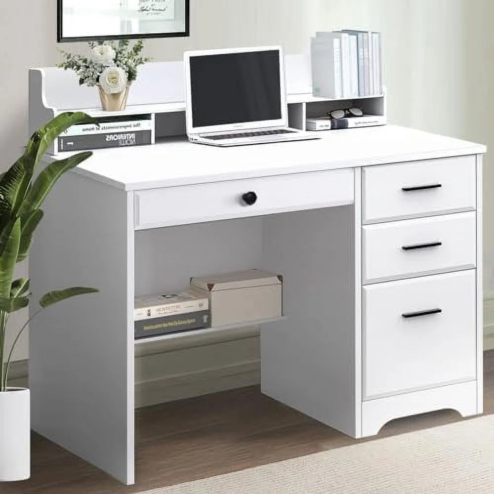 White 44" Wood Desk with 4 Drawers and Hutch T847