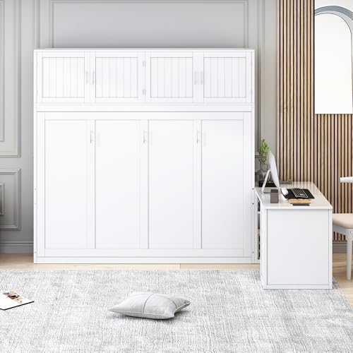 White Twin Size Wooden Murphy Bed with Closet Drawers Desk S3281