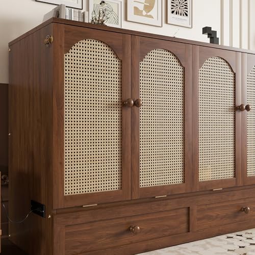 Queen Murphy Bed Cabinet with Charging Station & Rattan Design – Wall Bed with Large Storage Drawer, Foldable Platform Bed – Pine Wood Construction, Walnut M34960