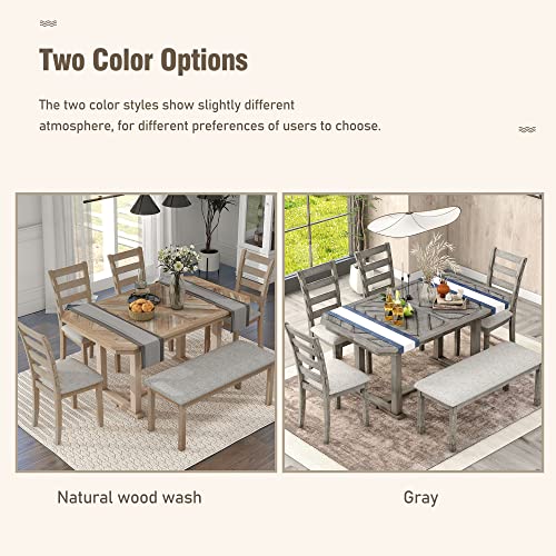 6-Piece Rubber Wood Dining Table Set with 4 Cushioned Chairs and Bench, Light Gray T736772