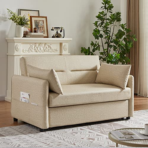 Convertible Sleeper Sofa Bed 57 Inches Velvet 2 Seats with Pull Out Bed Adjustable Backrest 2 Pillows Side Pocket Light Brown P8510