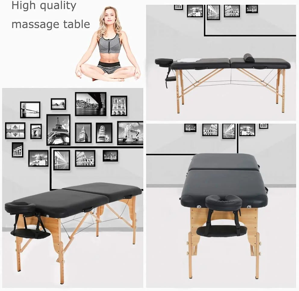 Portable Massage Table 73” L 28”W Height Adjustable with Bolsters Carry Case 2 Fold Black T385378