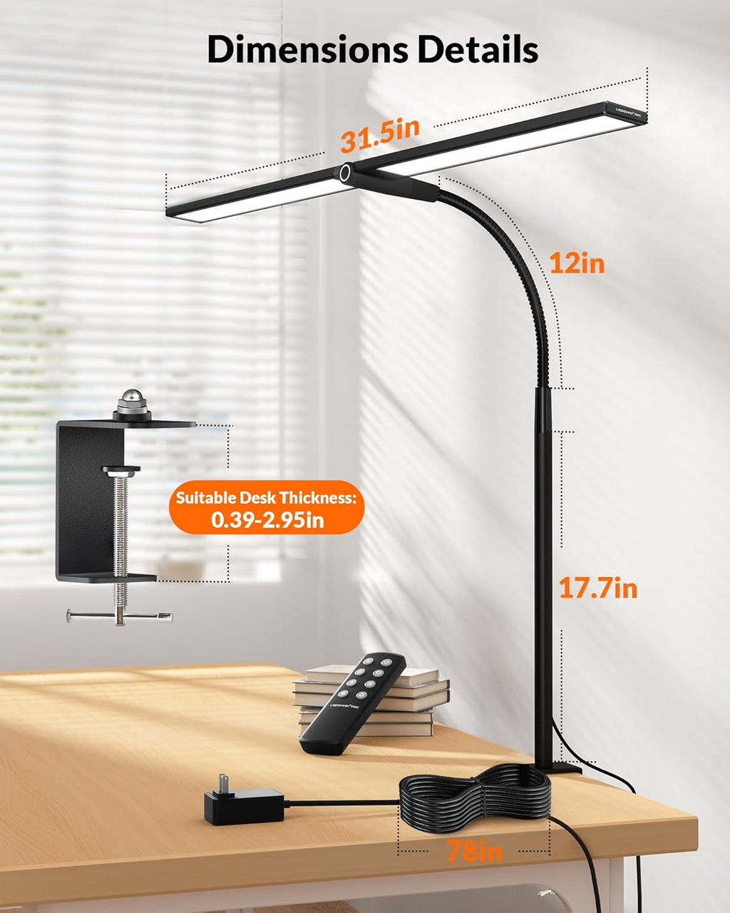 Black Double Head LED Clamp Desk Lamp with Remote Control U32887