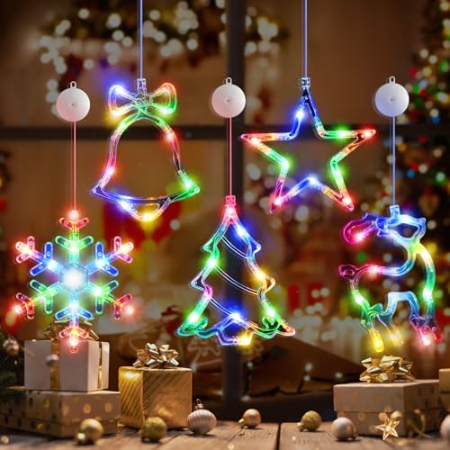 5Pack Christmas Window Lights with Timer, Battery Powered White LED Snowflake Decor U976