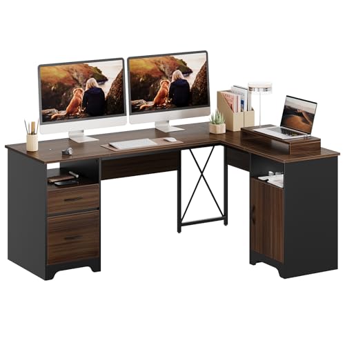 Gray L Shaped Desk with File Drawers, 63" x 47" Corner Desk with Monitor Stand Z6344