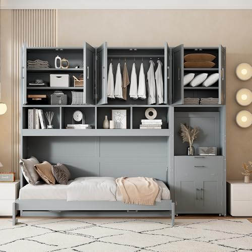 White Twin Size Wooden Murphy Bed with Closet Drawers Desk S3281