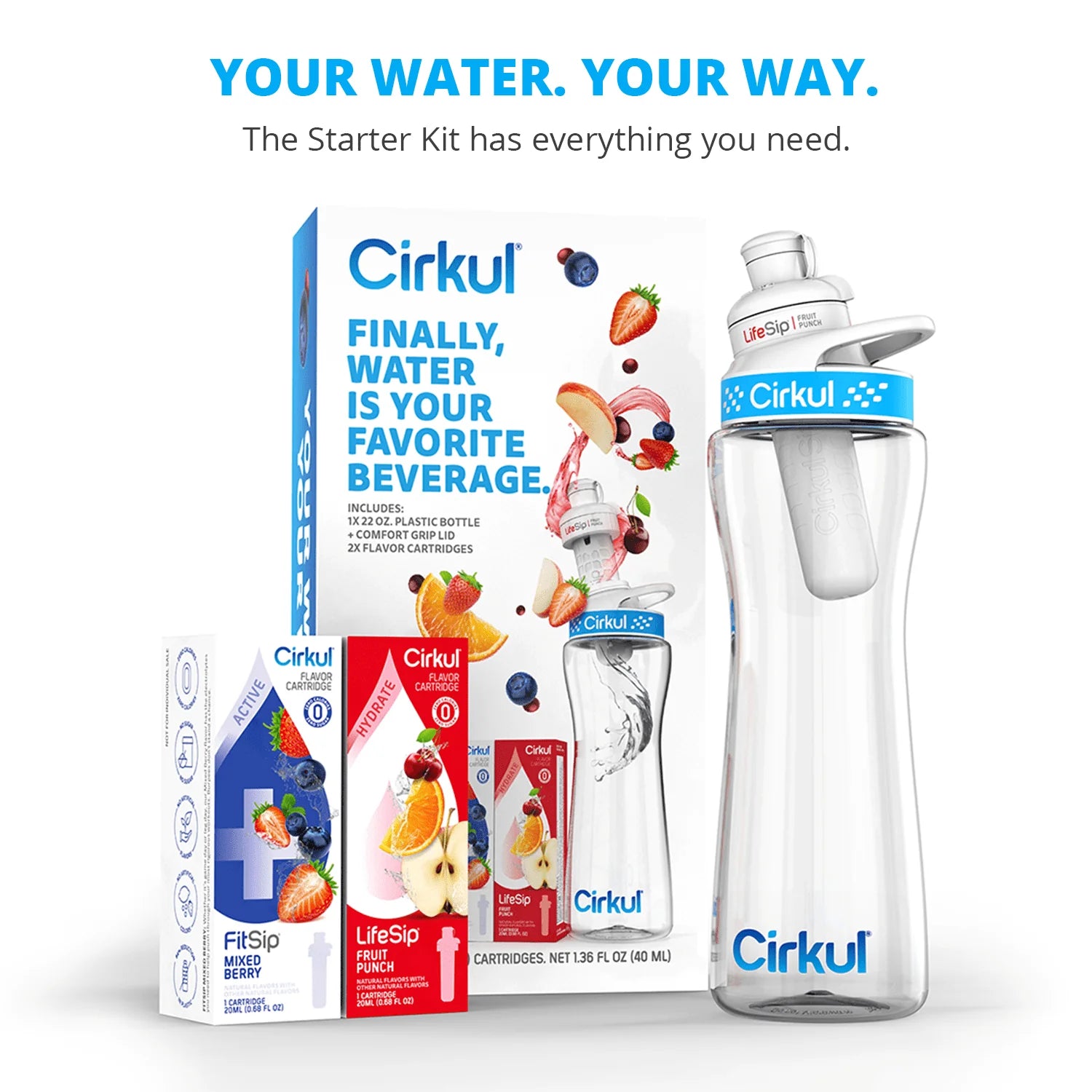22oz Plastic Water Bottle Starter Kit with Blue Lid and 2 Flavor Cartridges O6655