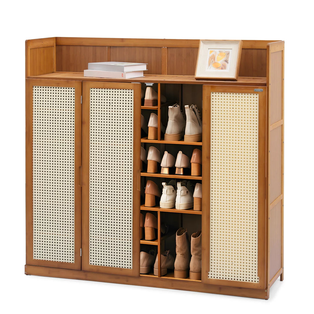 Bamboo 30 Pairs 7-Tier Shoe Cabinet with Folding Rattan Doors and Boots Compartments N749580