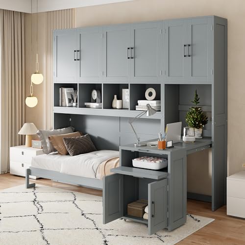 White Twin Size Wooden Murphy Bed with Closet Drawers Desk S3281