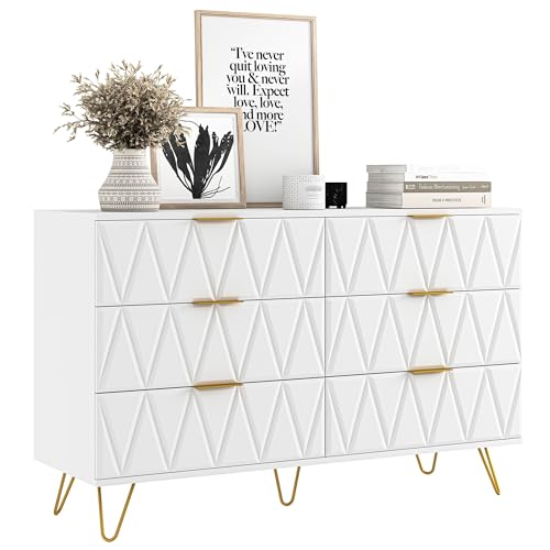 White 6 Drawer Wood Dresser with Gold Handles M626