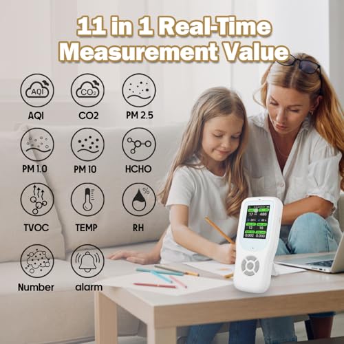 11-in-1 Air Quality Monitor with Stand for AQI, CO2, PM2.5, PM1.0, PM10, TVOC, HCHO, Particles, Temperature & Humidity (White-White) O705