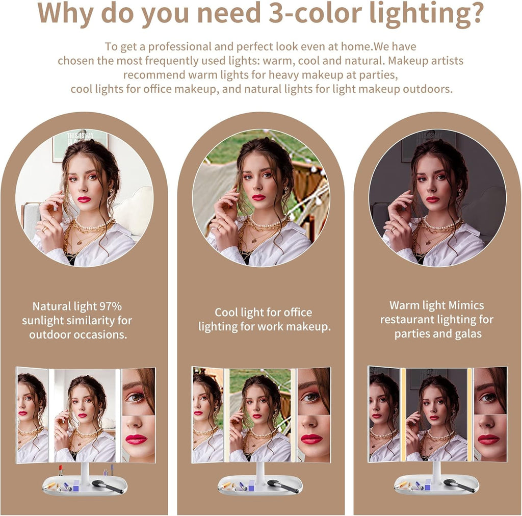 3 Color Lighting Modes 52 LED Trifold Portable Mirror with 1X 2X 3X Magnification C810