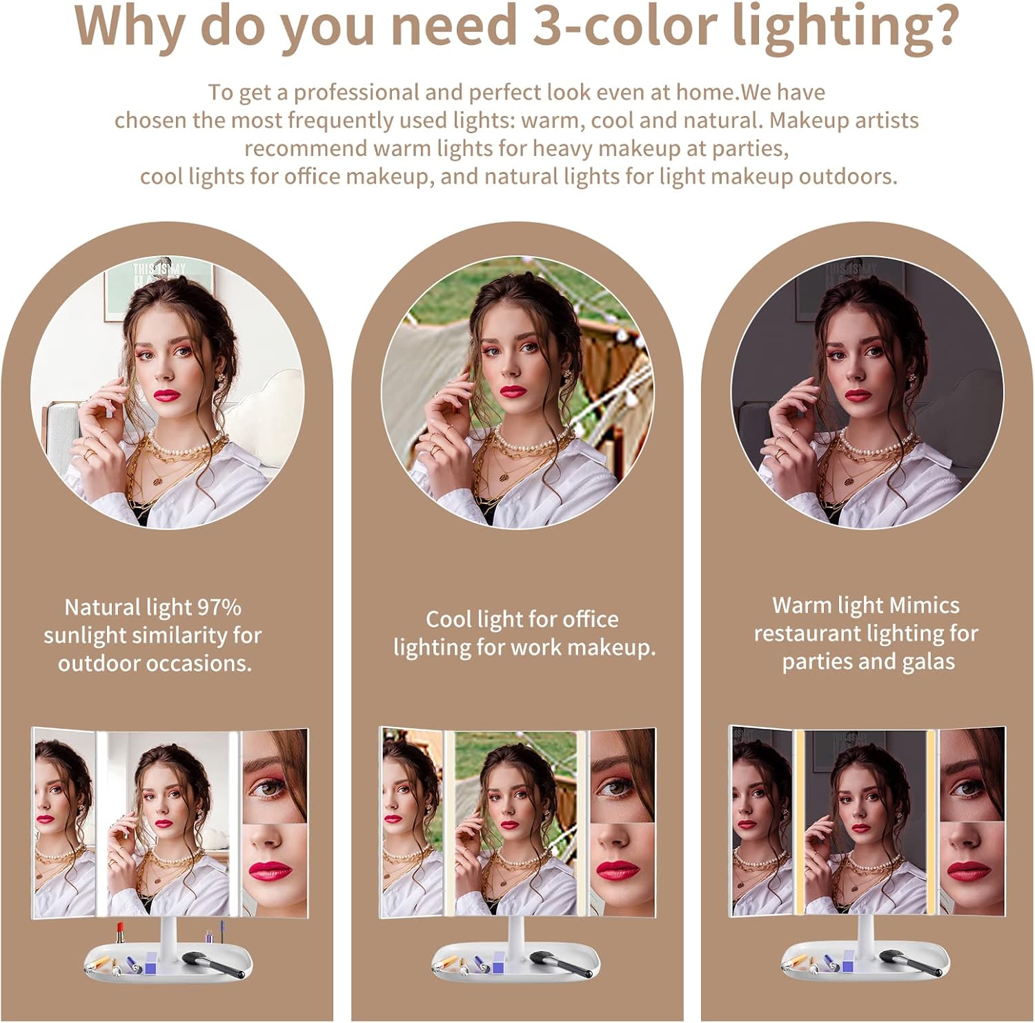 3 Color Lighting Modes 52 LED Trifold Portable Mirror with 1X 2X 3X Magnification C810
