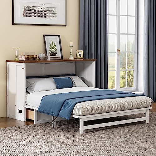 White+Walnut Full Wood Murphy Bed with Storage Drawers U192