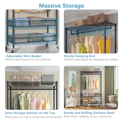 White Rolling Garment Rack with Basket V92538