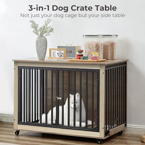 Grey Wooden Dog Crate with Double Doors and Pull-Out Dog Bowls F52847