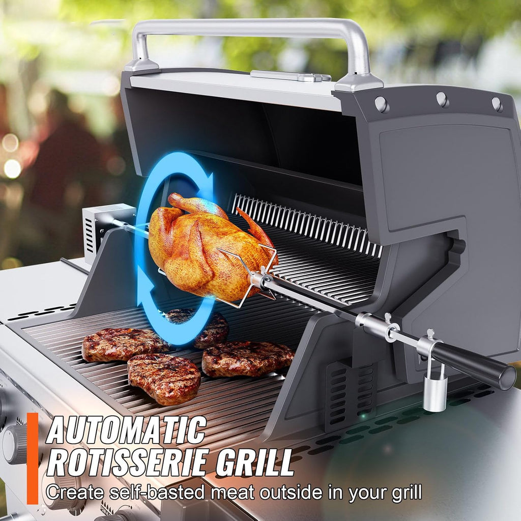 Heavy Duty Stainless Steel Grill Rotisserie Kit with 9W Motor - 32-Inch Hexagon Spit Rod - 26 Lbs Capacity X898