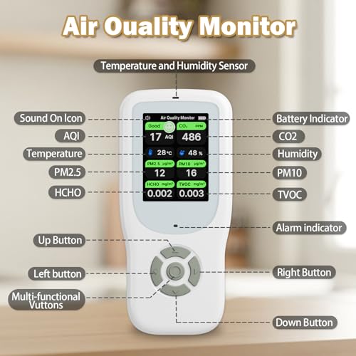 11-in-1 Air Quality Monitor with Stand for AQI, CO2, PM2.5, PM1.0, PM10, TVOC, HCHO, Particles, Temperature & Humidity (White-White) O705