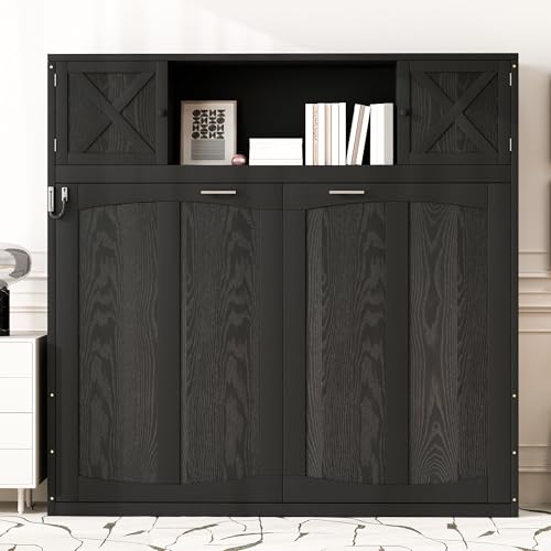 Black Full Horizontal Murphy Bed with Shelves and Storage Bookcase J615