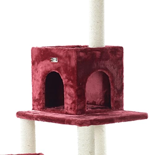 Burgundy Real Wood Cat Tower with Faux Fur E2181