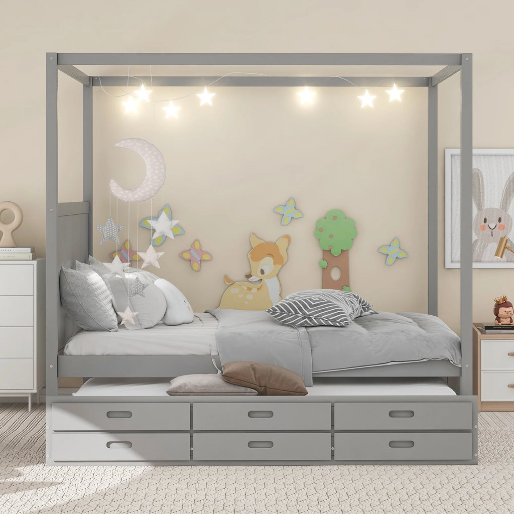 Gray Wooden Queen Platform Bed with Trundle and 3 Storage Drawers T814465