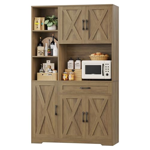 71" Tall Kitchen Pantry Storage Cabinet with Microwave Stand, Barn Doors, Large Drawer and Shelves, Ash Grey F204
