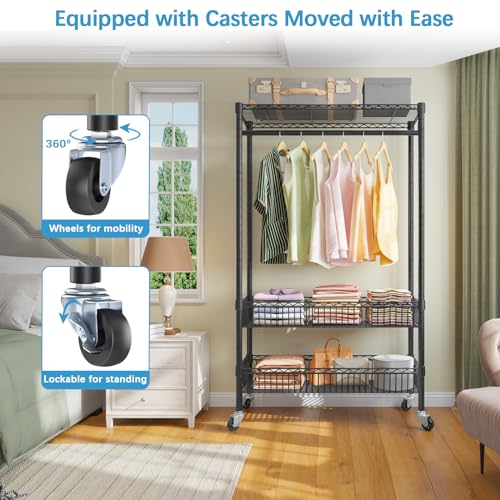 White Rolling Garment Rack with Basket V92538