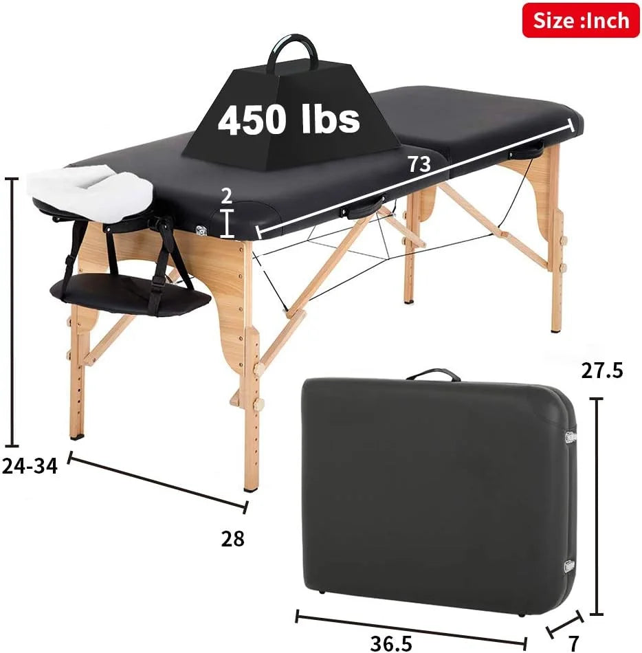 Portable Massage Table 73” L 28”W Height Adjustable with Bolsters Carry Case 2 Fold Black T385378