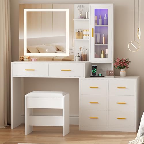 White 51.8" Makeup Vanity Desk with Mirror and Lights 8 Drawers T57628